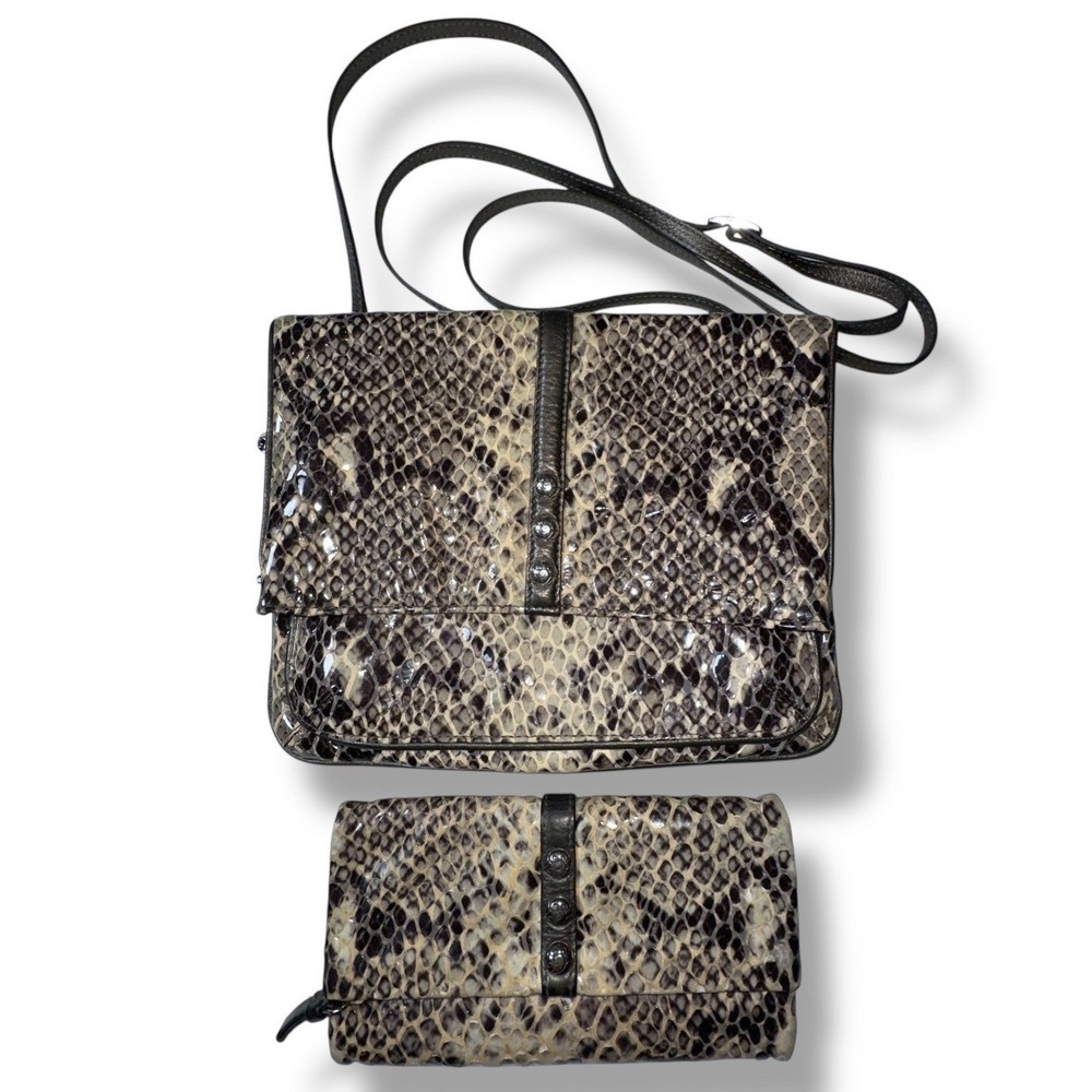 Brighton Crossbody Bag Set OS Grey Snakeskin Print‎ Foldover Leather Messenger